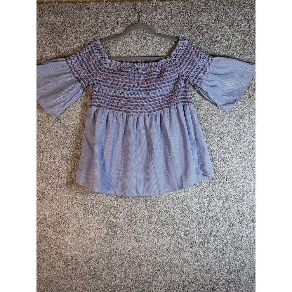 Active USA Striped Smocked Off Shoulder Top‎ Size L Multicolor Babydoll Feminine